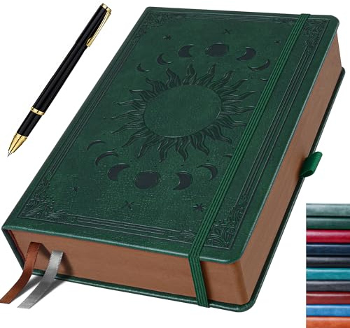 HwxBen Diario Verde para Hombres y Mujeres, Diario para Escritura Clásica con Líneas, Cuaderno de Diario de Tapa Dura de 360 Páginas con Bolígrafo, Diseño Vintage de Sol y Luna, A5 (15 cm x 21,6 cm)
