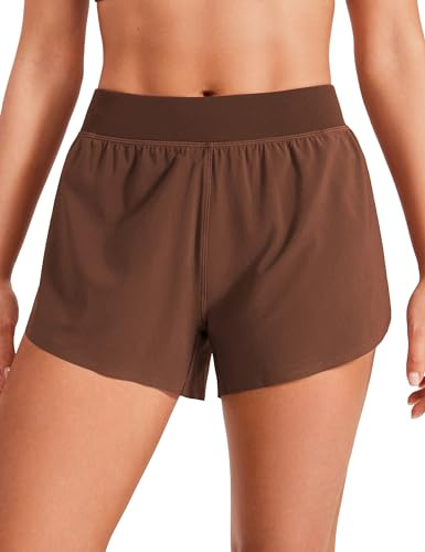 CRZ YOGA löparshorts för dam med hög midja - sidodelade snabbtorkande sportshorts Lättviktiga gymshorts med foder Kaffebrun S
