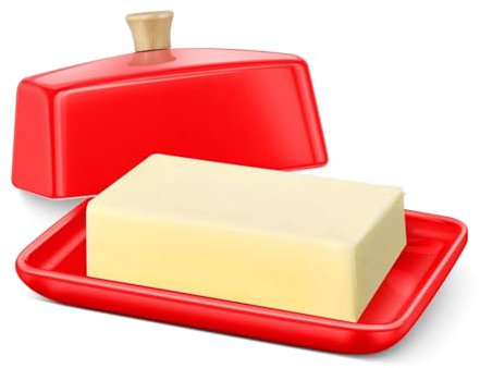 Flexzion Burriera europea in ceramica rossa con coperchio per piano di lavoro (20,3 cm) – Ampio 2 stick doppio porta burro per bancone, contenitore per crema di formaggio