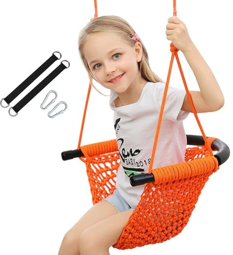 Nets Tribe Handgestrickte Kleinkindschaukel, Schaukel für Kinder mit verstellbaren Seilen, Robustes, sicheres Seilschaukel-Set für drinnen, draußen, Spielplatz, Baum, 200 kg Tragkraft (orange)
