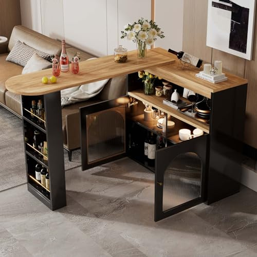 KOMHTOM Table de Salle à Manger Extensible Noir Meubles de Bar, ilot Central Cuisine avec Rangement et Plan de Travail，Meuble Cuisine avec Plan de Travail Table Haute contemporaine (Noir)