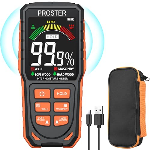 Proster Pinless Moisture Meter - Rechargeable Damp Meter for Walls with LCD Screen Sound Light Alarm Non-Invasive Moisture Detector Detects up to 19mm Dampness Meter for Wall Masonry Hardwood SoftWood