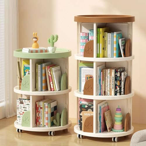 360° drehbares Bücherregal mit Rollen, Kunststoff, kleines Eck-Bücherregal für Schlafzimmer, Wohnzimmer – drehbarer Bodenstehturm für Kinder
