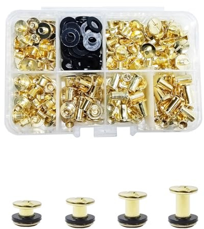 JXPXJMY 80 PCS Chicago Screw Set, Carbon Steel Binding Rivets for Books Leather Ledgers Travel Cases,Size M5*4/6/8/10 mm with Gasket (Gold)