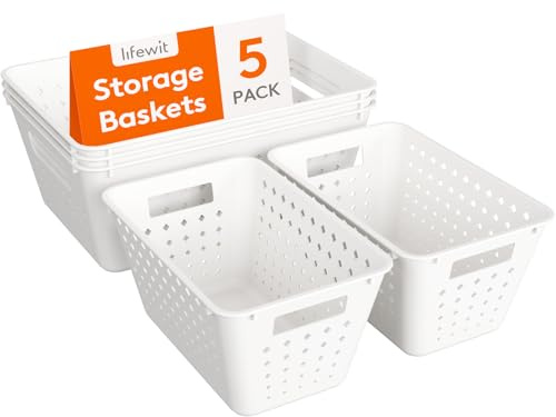 Lifewit Cestas Almacenaje Plastico, 5 Paquetes Apilable Cajas Organizadoras, Caja de Múltiples Dimensiones para Estanterias, Cocina, Armarios, Baño, Oficina, 3 Grandes y 2 Tamaños Pequeños, Blanco