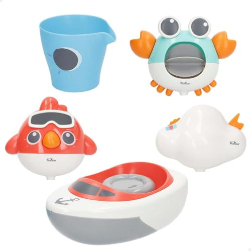 COLORBABY 34024 Genial Baby Set Juguetes baño bebé, 5 Piezas, Barquito, Pajarito, Nube, Cangrejo con Ventosa, Vasito, Juguete bebés 6 Meses, para Jugar en el Agua
