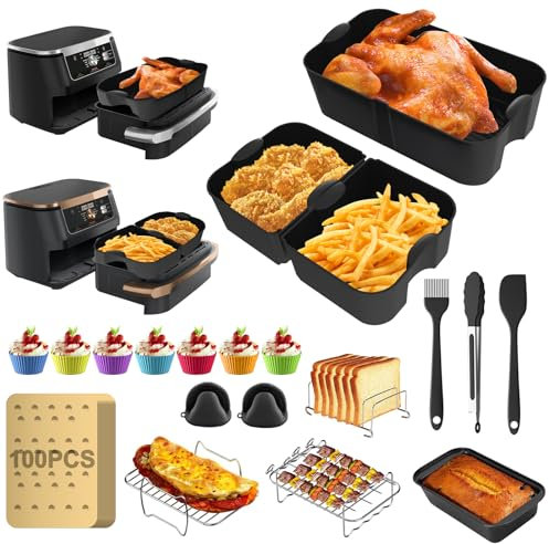 Heißluftfritteusen Zubehör für Ninja AF500EU, 20 Stück Airfryer Zubehör Set für Ninja, Einschließlich 1 x 10,4L & 2 x 5,2L Airfryer Silikon Einsatz, Grillrost, Backpapier, Metall Backblech (J320A-Z1)