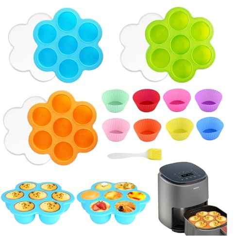 WATUNID 3 Pack Silicone Egg Bites Molds, 1Pcs Oil Brushes and 8 Muffin Cup | 7 Cavities Each, with Brush+8 Liners, Food-Grade , -22°F~446°F, easy-Release, Dishwasher-Safe, for Air Fryer, Pressure Cooker