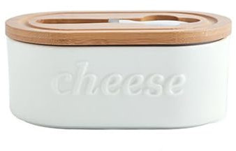 Huangj-0527 Kitchen Tools Simple Ceramic Cheese Butter Dish Wooden Lid with Knife Butter Box Food Cheese Crisper Tableware(White)