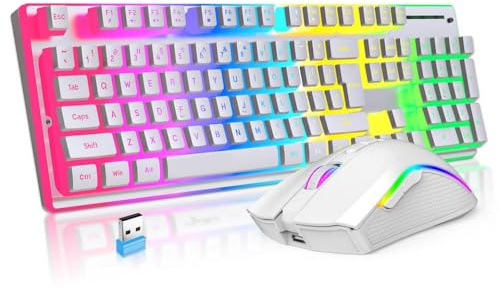DIWUCXCA combo retroilluminato Wireless RGB ricaricabile e combinato per mouse da 2,4 g di USB per l'uso domestico e in ufficio(WHITE)