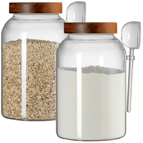 Wissy&Konny 1 Gallon Glass Jar with Lid 2Pack, Borosilicate Large Glass Flour Sugar Storage Containers for Tea,Cereal, Egg and More,Leak-proof Screw Lid (2 Spoons)