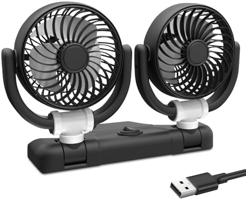 Afenau Ventilatore per auto, 5 V, USB, doppia testa, girevole a 360°, ventilatore a doppia testa per auto, ventilatore a 2 velocità, per auto, per auto, casa, ufficio, colore nero