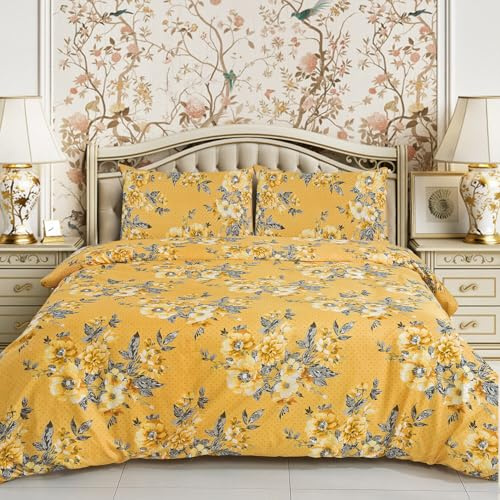 CHARKHAH 4 Piece Reversible Printed Bedding Set Includes 1 Duvet Cover, 1 Deep Fitted Sheet & 2 Pillowcases – Soft Microfibre Easy Care Quilt Cover Set for All Seasons (Delight Yellow, King)