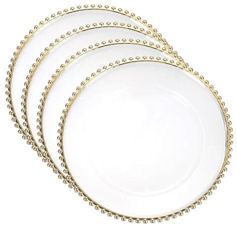 AG FASHION Silver/Gold Plastic Reef Charger Plates 4/6/12pcs 13Inch Round Floral Sponge for Wedding Party Decoration (4, Gold)