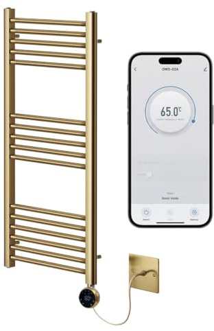 Greened House Brushed Brass Electric WiFi Towel Rail 500mm W x 1000mm H | Smart WiFi Controlled, Heated, Flat Design, 7 Day Programming, App Compatibility