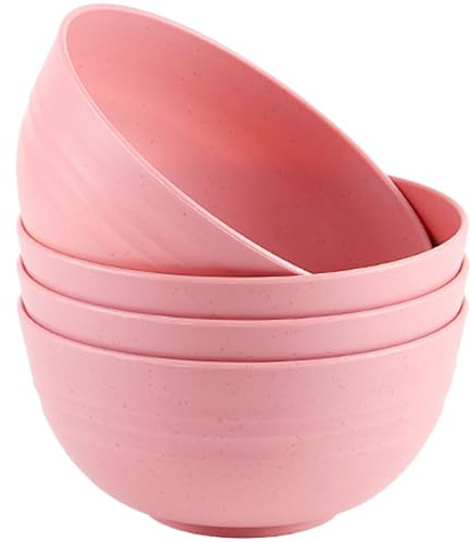 4 Pcs Unbreakable Cereal Bowls, 24 OZ Reusable Lightweight Plastic Bowl | Soup and Salad Bowls for Rice Noodle Snack Fruit, Dishwasher & Microwave Safe (Pink)