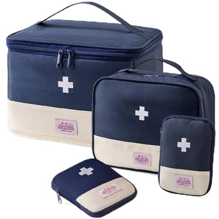 MidingChai Set di 4 Porta Medicine da Viaggio, Kit Pronto Soccorso Grande Capacità con Scomparti e Maniglie,Cassetta Pronto Soccorso Vuota per uso Domestico, Ufficio, Viaggi (blu)