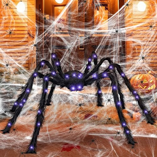 TISMHGKU Ragno Gigante Halloween,125 cm LED Ragno Halloween Gigante,20 Piccoli Ragni Neri,60g di Ragnatela,Halloween Decorazione per Interni, Esterni e Cortili
