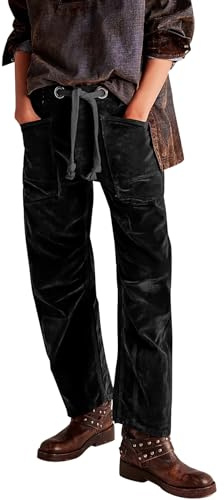 LifeShe Women Velvet Pant Baggy Barrel Velour Pants Mid Waist Drawstring Trousers Black