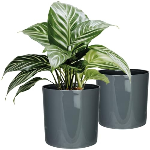 SUSTANIA Blumentopf 2er Set, Durchmesser 15cm- Moderne Runde Pflanzgefäße in Anthrazit - Übertopf für Zimmerpflanzen - Made in EU - Hochglanz Finish für Innen