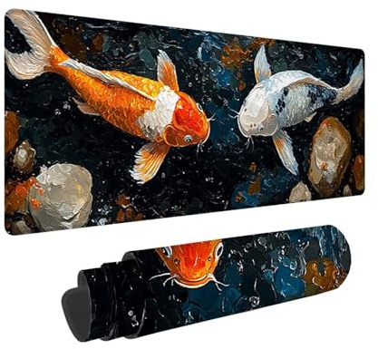 Spelmusmatta 900 x 300 mm stor spelmusmatta med sydda kanter, XXL musmatta med halkfri bas, utökad stor musmatta, tangentbordsdyna med vattenbeständig yta (Koi-fisk) J-431