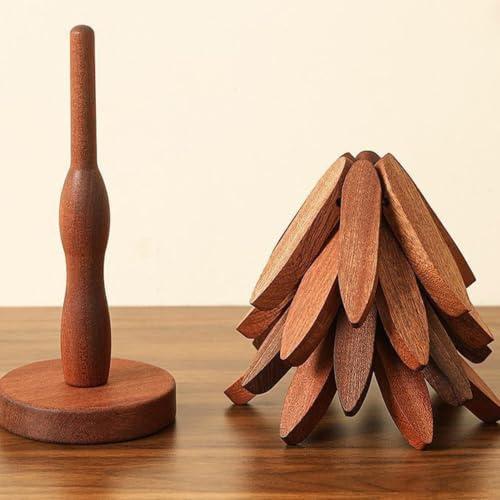 Dessous De Plat en Bois pour Plats Chauds - 4 Dessous De Plat en Bois en Forme d'arbre + 1 Support, sous-Verres en Forme D’Arbre pour Casseroles, Verres & Plats Chauds