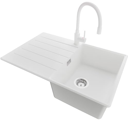 PRIMAGRAN Lavandino da Cucina Bianco 78x50cm, Lavello in Granito a 1 vasca + Rubinetto 38x14cm + Sifone Classico, Lavabo Incasso al mobile 45cm - Copenhagen