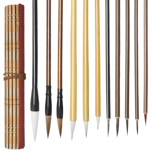 Hoypeyfiy 12-piece Chinese Calligraphy Brush Set with Storage Roll, Portable Calligraphy Tools, Suitable for Beginners and Calligraphy Enthusiasts