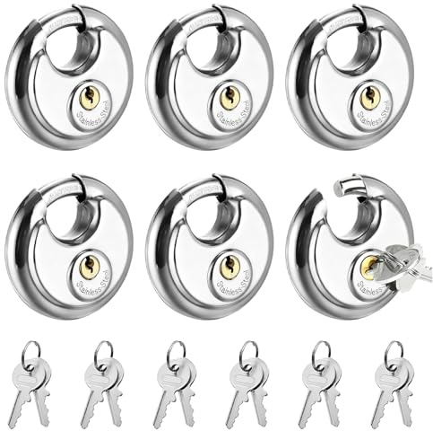BRGD Lot de 6 Cadenas Rond en Acier Inoxydable, Cadenas à Disque Robuste Antirouille avec 12 Clés pour Salle de Sport, Vélo, Boîte à Outils, Valise