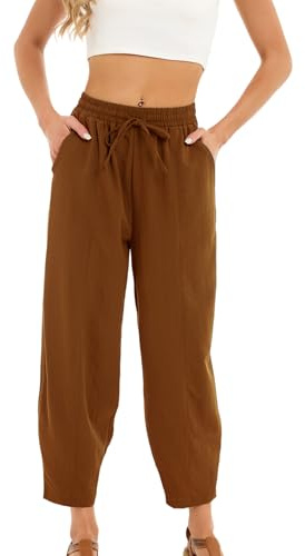 Enjyam Baggy dambyxor med vida ben, casual, elastisk midja och fickor, Brun, XL