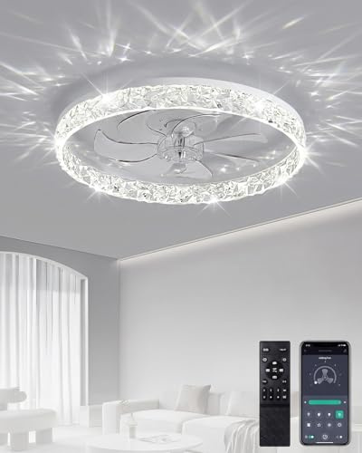Ceiling Fans with Lights and Remote 50cm, Smart Crystal Ceiling Fan Light, APP & Remote Control, 6 Speeds Quiet Motor, 1/2/4/8H Timing Function, 3000K-6500K Dimmable LED for Bedroom, Living Room