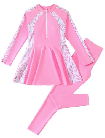 EFOGEP Girls Modest Swimwear Long Sleeve Rash Guard Swimsuit | Tropical Print Zip Up Top + Pants 2 Piece Burkini Swimming Costume for Beach Holiday Pool Surfing Age 8-12