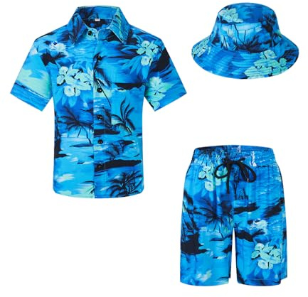 SPKPKEY Ensemble chemise hawaïenne boutonnée à manches courtes et short avec chapeau cloche pour garçon