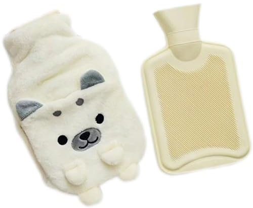 Lulalula - Borsa dell'acqua calda da 1 litro, con rivestimento in morbido peluche Shiba Inu in gomma naturale di alta qualità, per garantire calore e comfort (bianco)