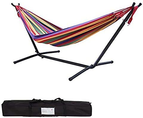 YYL Doppelhängematte aus Baumwolle mit Platzsparendem Stahlständer Kinder Erwachsene Campingschaukel Adult Inklusive Tragbarer Tragetasche, Rote Streifen (Color : Style1)