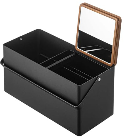YAMAZAKI 5454 TOWER Make-up-Box, schwarz, Stahl/Holz/Spiegel/ABS-Harz, minimalistisch, 31 x 15 x 15.7 cm
