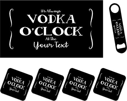 Bang Tidy Clothing Personalised Bar Runner Mat, Matching Bottle Opener & 4 x Drinks Coasters Gift Set - Beer Gifts Home Bar Accessories for Pub Bars Man Cave - VODKA - ADD NAME/TEXT