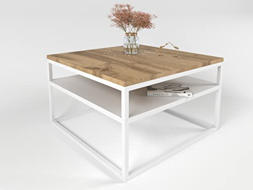 lukmebel Couchtisch Nova mit Regal Modern für Loft-Räume Pulverbeschichteter Edelstahl 16mm Tischplatte 68,5x68,5x48cm Ergonomisch Bequem Weiß/Wotan-Eiche