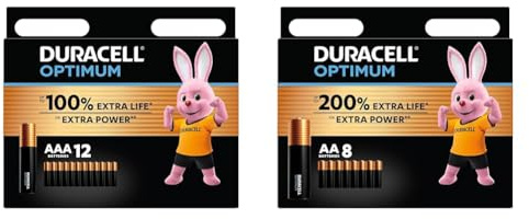 Duracell Batterie Optimum AAA(pacco da 12)-alcaline da 1.5V-Fino al 100% di extra durata & Batterie Optimum AA(pacco da 8) Alcaline da1.5V -Fino al 200% di extra durata