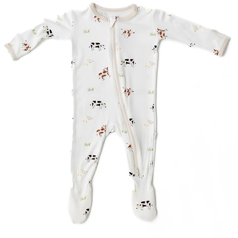 Bamboo Little Soft Baby Footie Pajamas, Baby Clothes, Newborn Sleepers, 95% Viscose and 5% Spandex, Cow, 0-3 Months