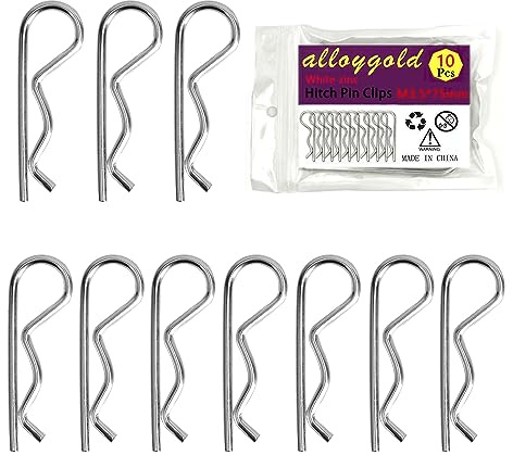 Alloygold 10Pcs Heavy Duty Hitch Pins Clip R Clips Cotter Pins, White Zinc Plated Spring Retaining Wire Hair Pins， Large for Trailer Tractors Mower Carts Truck Pin Clip，Strong Spring Tension M3.5x75mm