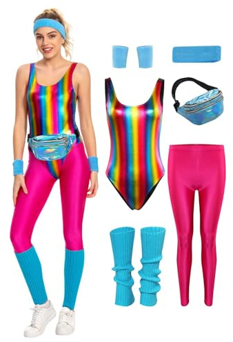YANVS 80er Jahre Fitness Kostüm Damen 6 Stück Set Bunt Jumpsuit Vintage Aerobic Kleidung Yoga Hosen Sportbekleidung