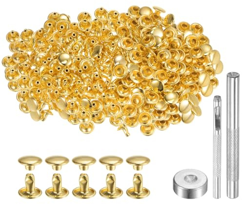 sourcing map 200 Sets Leather Rivets 8mm x 6mm Metal Double Cap Rivet Snaps Studs Fasteners with 3pcs Setting Tools Rivets for Leather Craft DIY Repair Decoration, Gold Tone