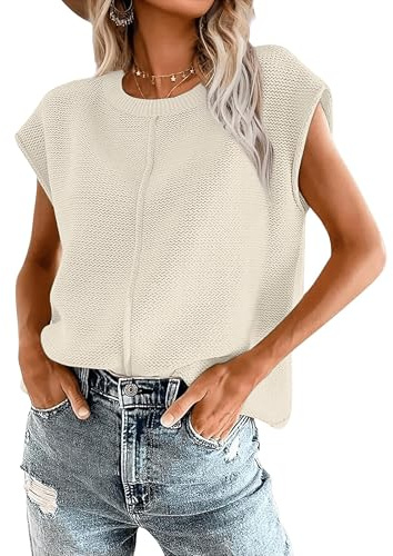 Oyamiki Fashion Pullunder Damen Strick Sommmer Rundhals Strickpulli Causal Kappenärmel Pullover Elegant Basic Tops Aprikose L