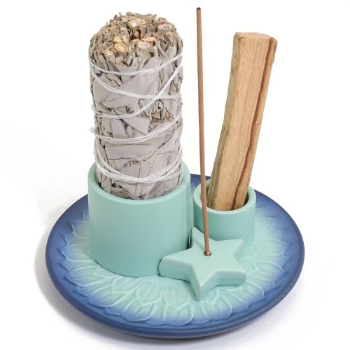 BEYLAB Porta Incienso 4 en 1 con diseño de Estrella, Cuenco de cerámica para Incienso, Varillas de Incienso, Soporte para Palo Santo, Salvia Blanca, Conos de Incienso Velas