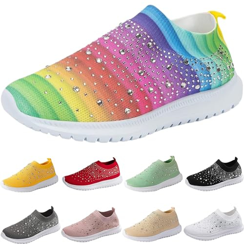 Rhinestone Sneakers Wedges Trainers for Women Fashion Glitter Sparkly Mesh Breathable Slip On Walking Shoes Gold Trim Platform Trainers Gym Running Shoe Gift Footwear