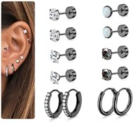 Roheafer 6 Paar Ohrringe Gold Creolen Chirurgenstahl Ohrringe für Damen Medizinische Ohrstecker für Mehrfachpiercing 16K Vergoldet Helix Tragus Piercing Ohr Schwarz