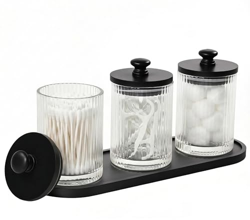 Skleptix Juego de 3 recipientes para bastoncillos de algodón y dispensador de almohadilla de algodón, cuencos de cristal transparente con tapas de bambú negras, organizador de baño con bandeja negra