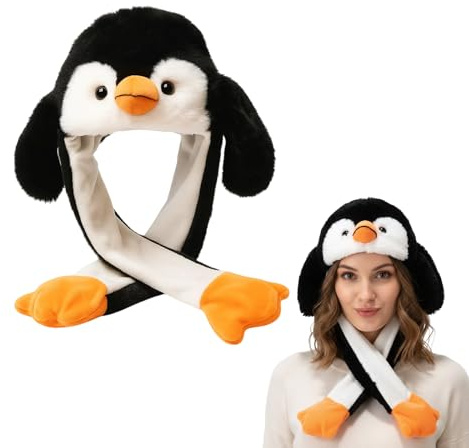 QhgPnt Penguin Hat With Moving Ears, Funny Plush Animal Hat, Unique Penguin Costume, Ear Flaps Pop Up Beating Hats, For Kids Adult