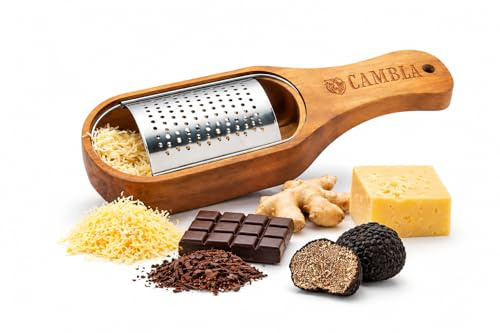Râpe de cuisine en bois CAMBLA avec réservoir - Râpe manuelle pour fromage, citron, gingembre et chocolat - Acier inoxydable et bois naturel - Design élégant et durable